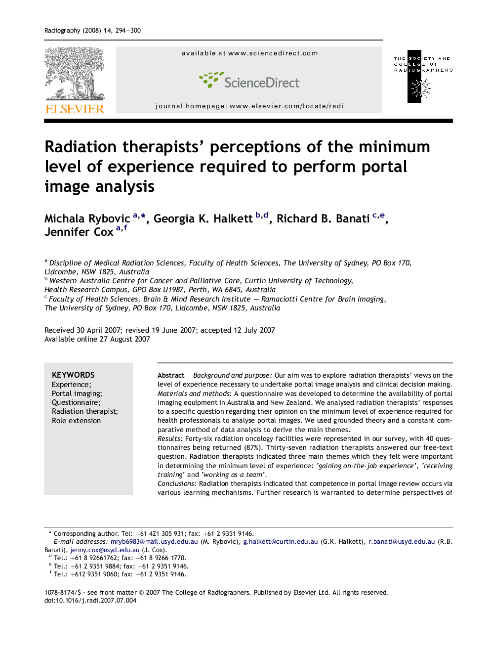 Radiation therapists’ perceptions of the minimum level of experience required to perform portal image analysis