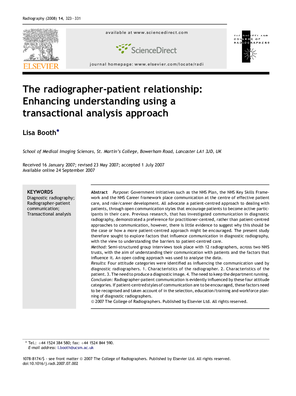 The radiographer-patient relationship: Enhancing understanding using a transactional analysis approach