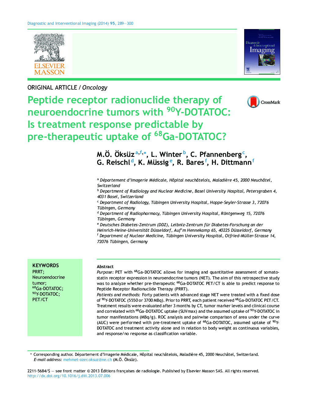 Peptide receptor radionuclide therapy of neuroendocrine tumors with 90Y-DOTATOC: Is treatment response predictable by pre-therapeutic uptake of 68Ga-DOTATOC?