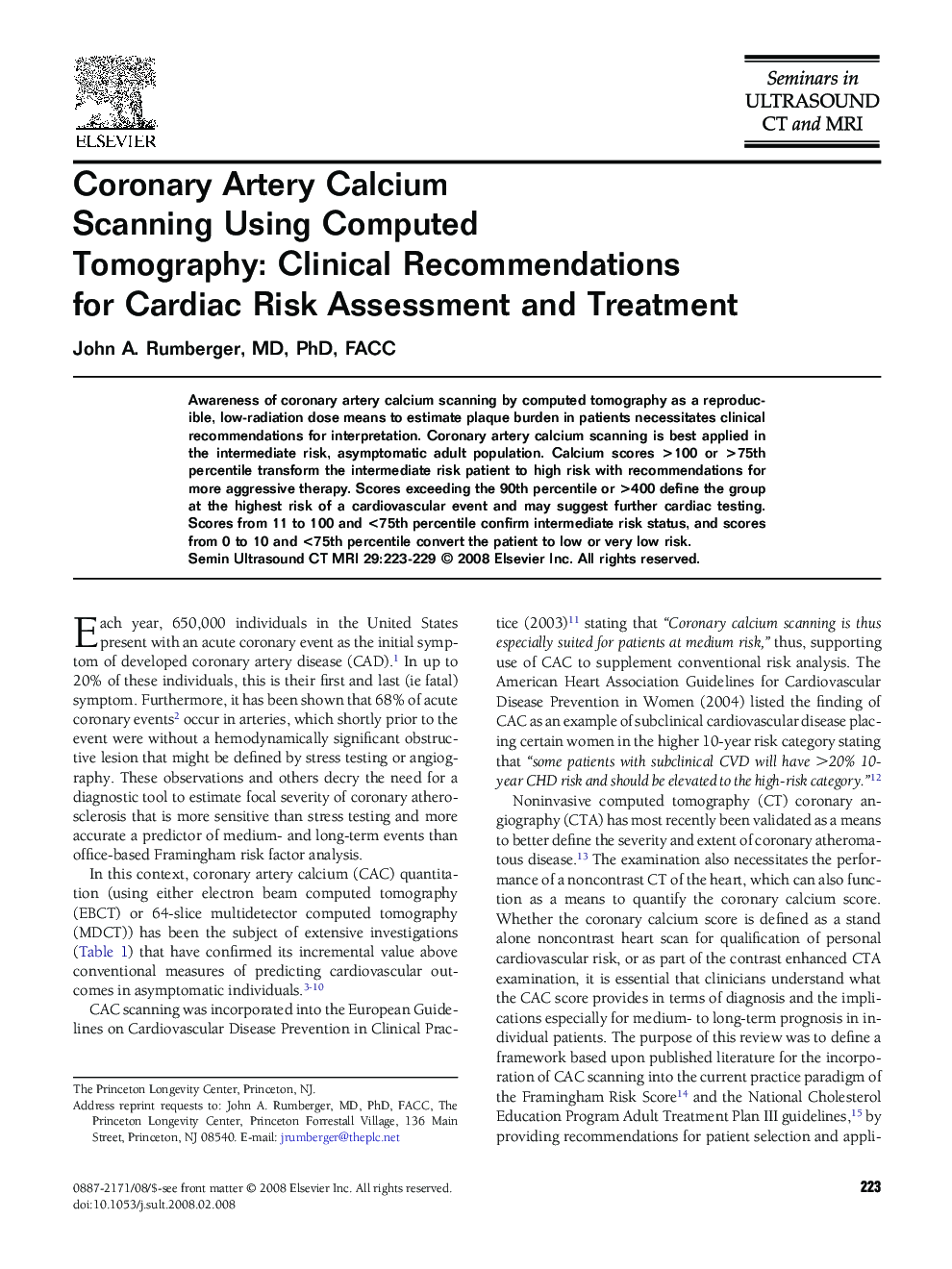Coronary Artery Calcium Scanning Using Computed Tomography: Clinical Recommendations for Cardiac Risk Assessment and Treatment