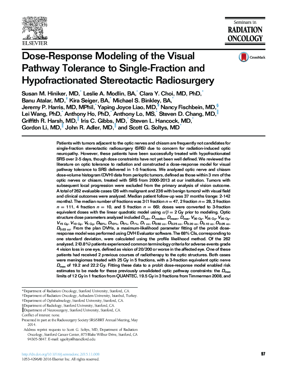 Dose-Response Modeling of the Visual Pathway Tolerance to Single-Fraction and Hypofractionated Stereotactic Radiosurgery 