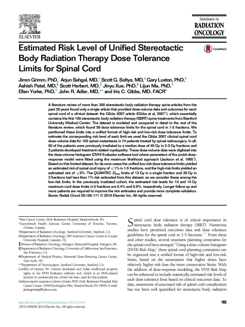 Estimated Risk Level of Unified Stereotactic Body Radiation Therapy Dose Tolerance Limits for Spinal Cord 