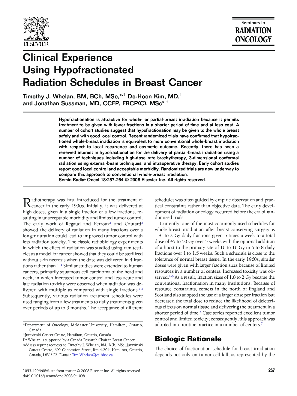 Clinical Experience Using Hypofractionated Radiation Schedules in Breast Cancer 