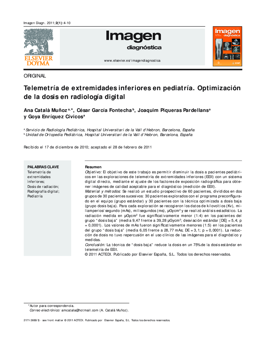 TelemetrÃ­a de extremidades inferiores en pediatrÃ­a. Optimización de la dosis en radiologÃ­a digital