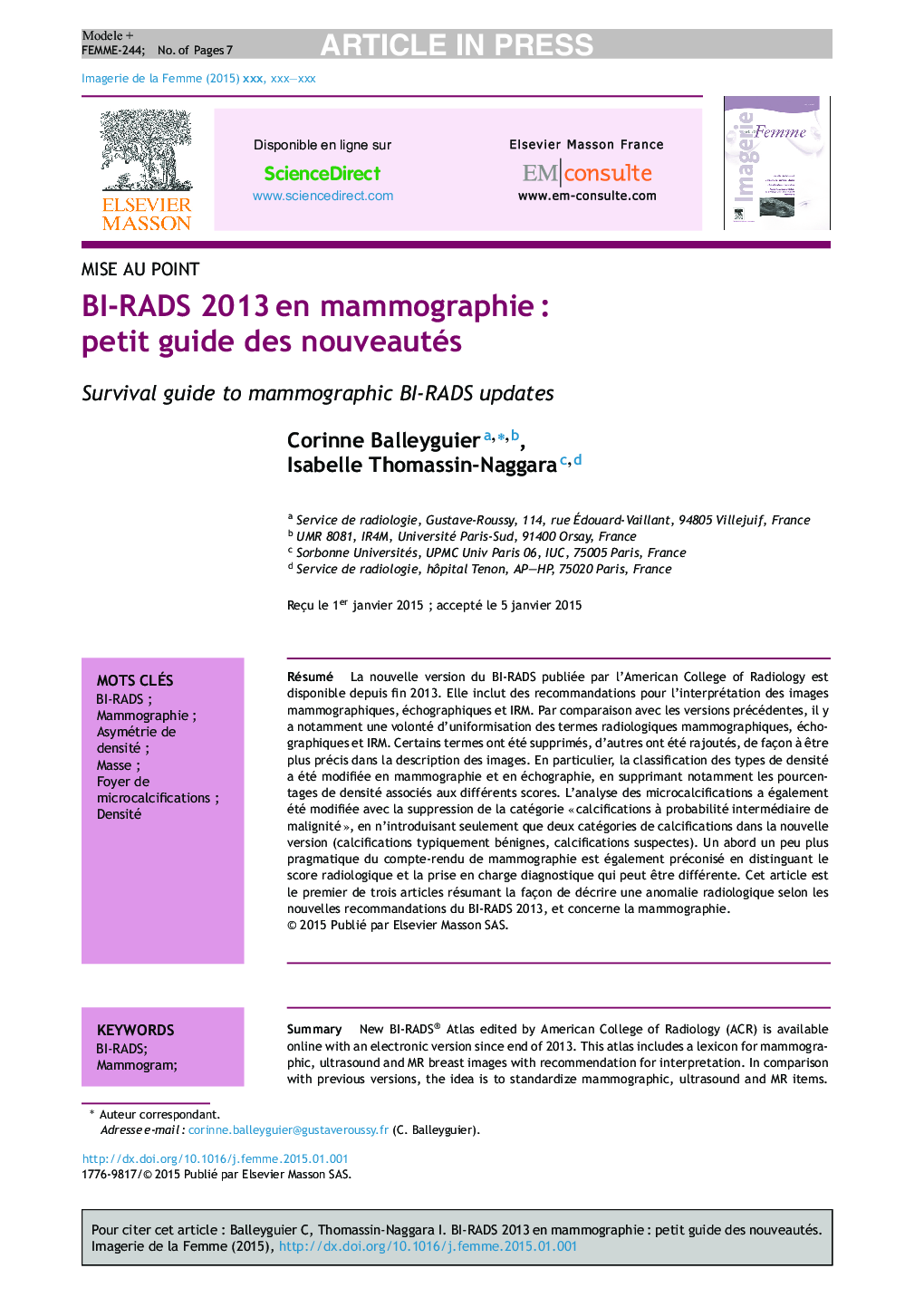 BI-RADS 2013Â en mammographieÂ : petit guide des nouveautés