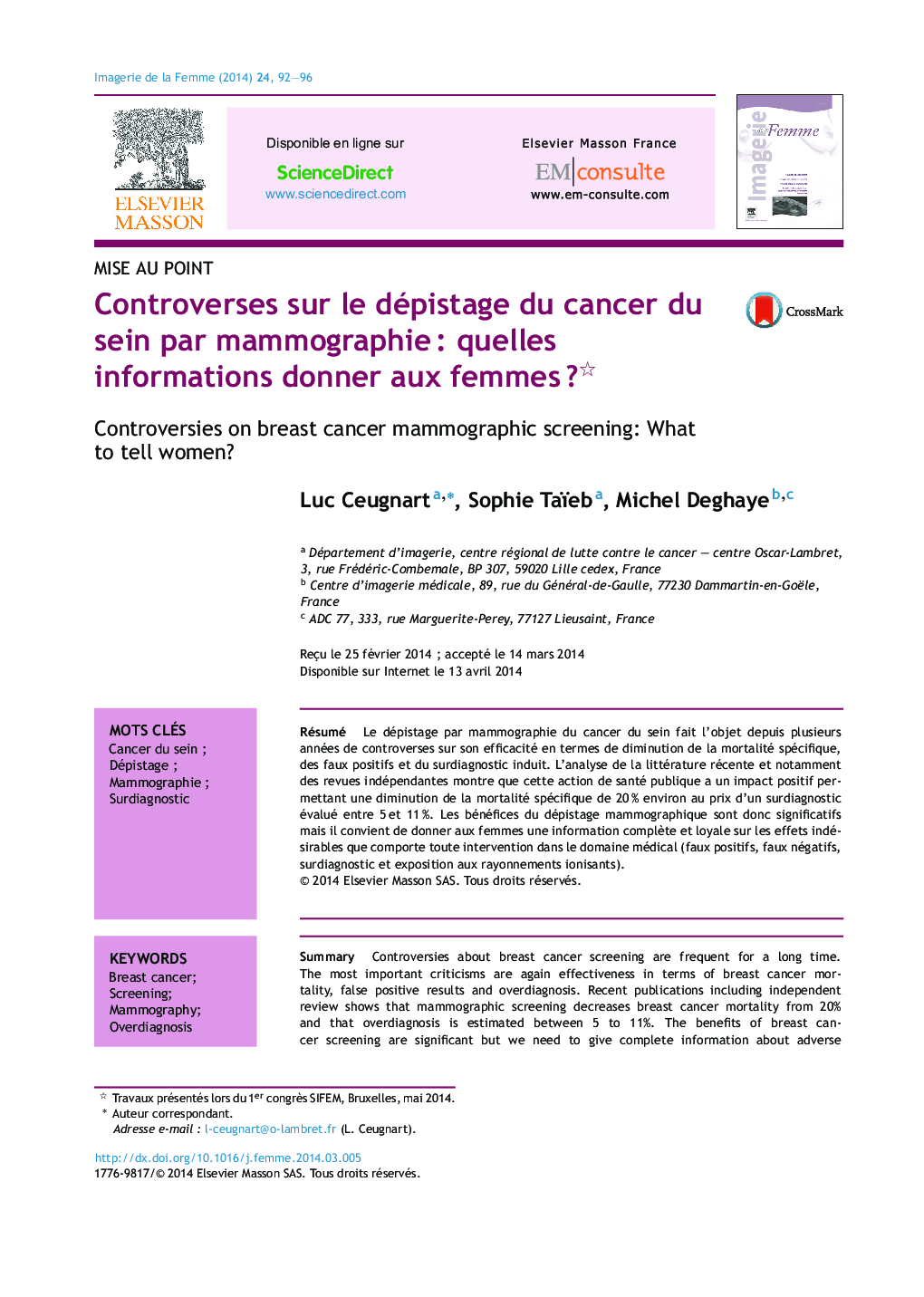Controverses sur le dépistage du cancer du sein par mammographieÂ : quelles informations donner aux femmesÂ ?