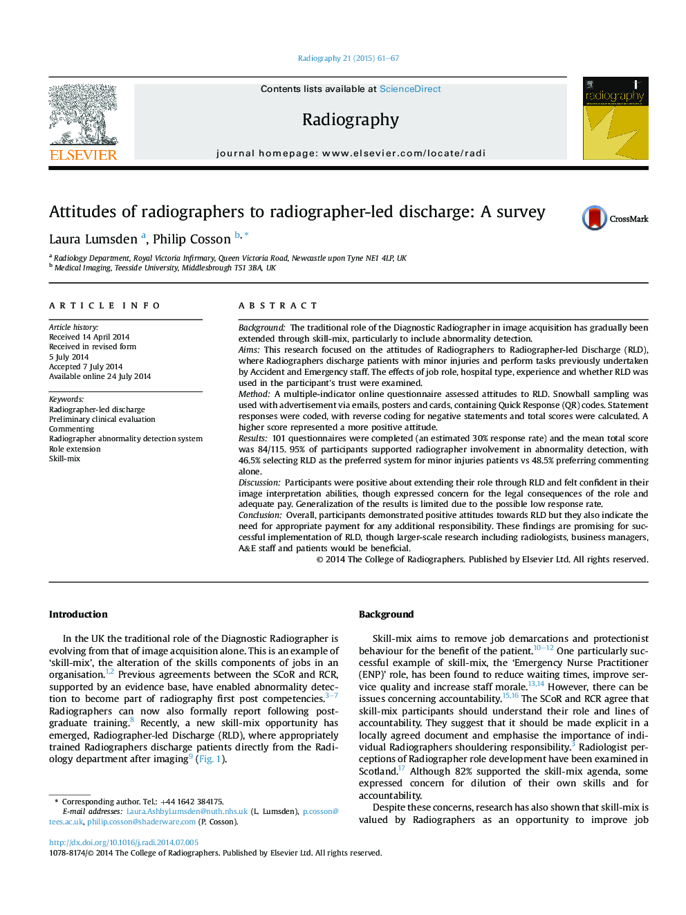 Attitudes of radiographers to radiographer-led discharge: A survey