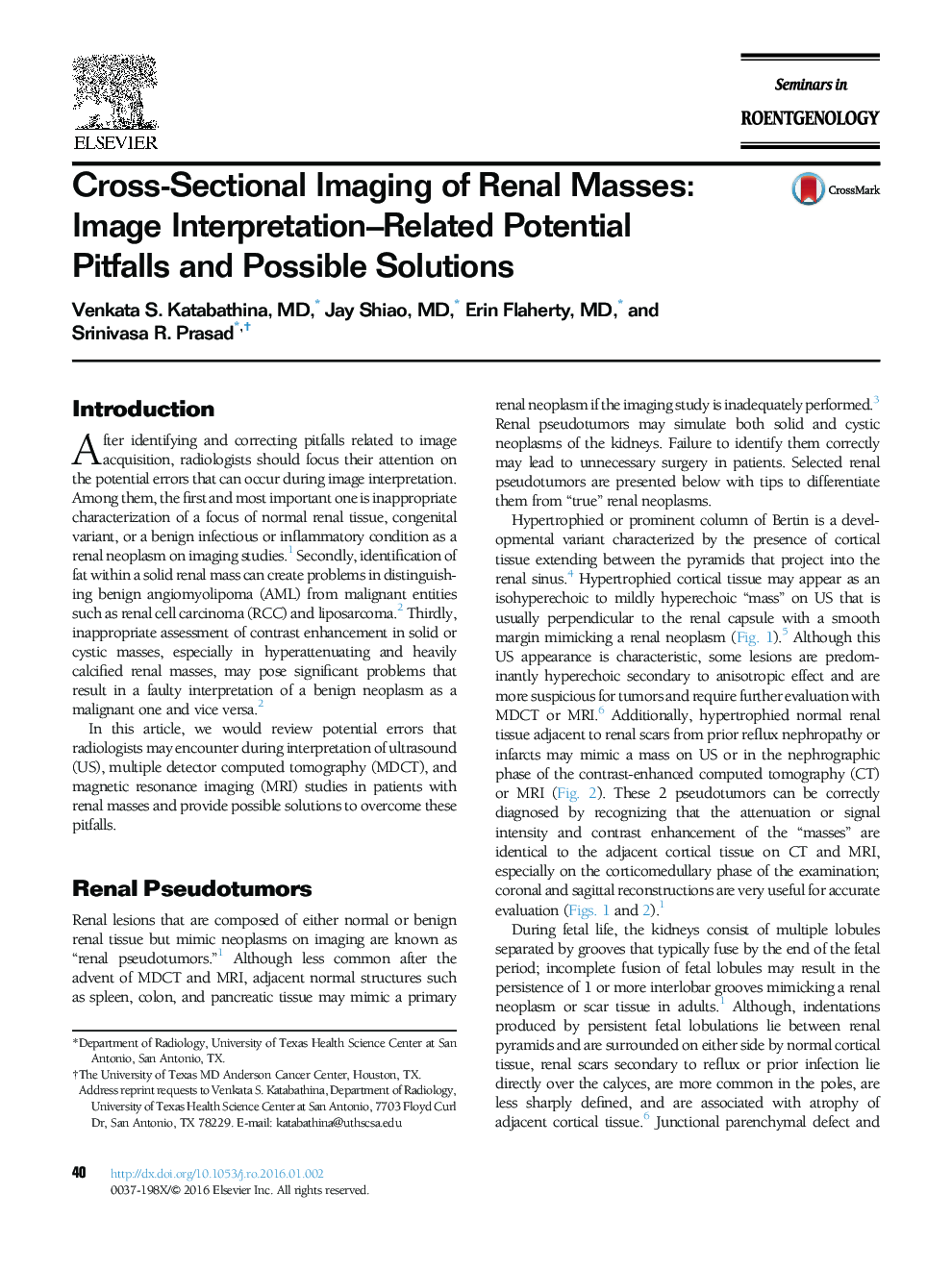 Cross-Sectional Imaging of Renal Masses: Image Interpretation-Related Potential Pitfalls and Possible Solutions