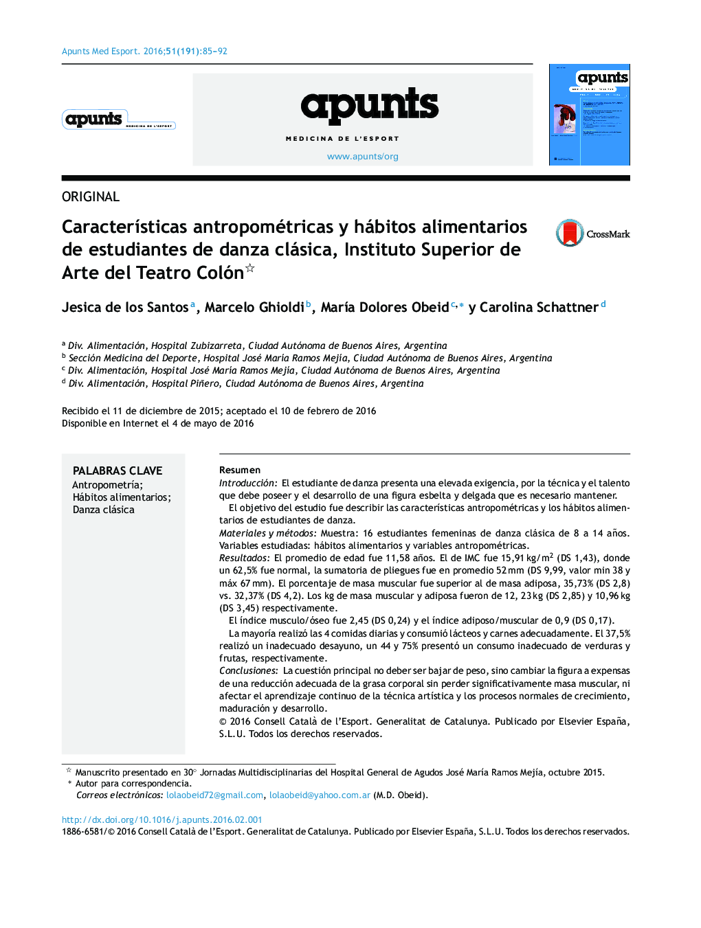 Características antropométricas y hábitos alimentarios de estudiantes de danza clásica, Instituto Superior de Arte del Teatro Colón 