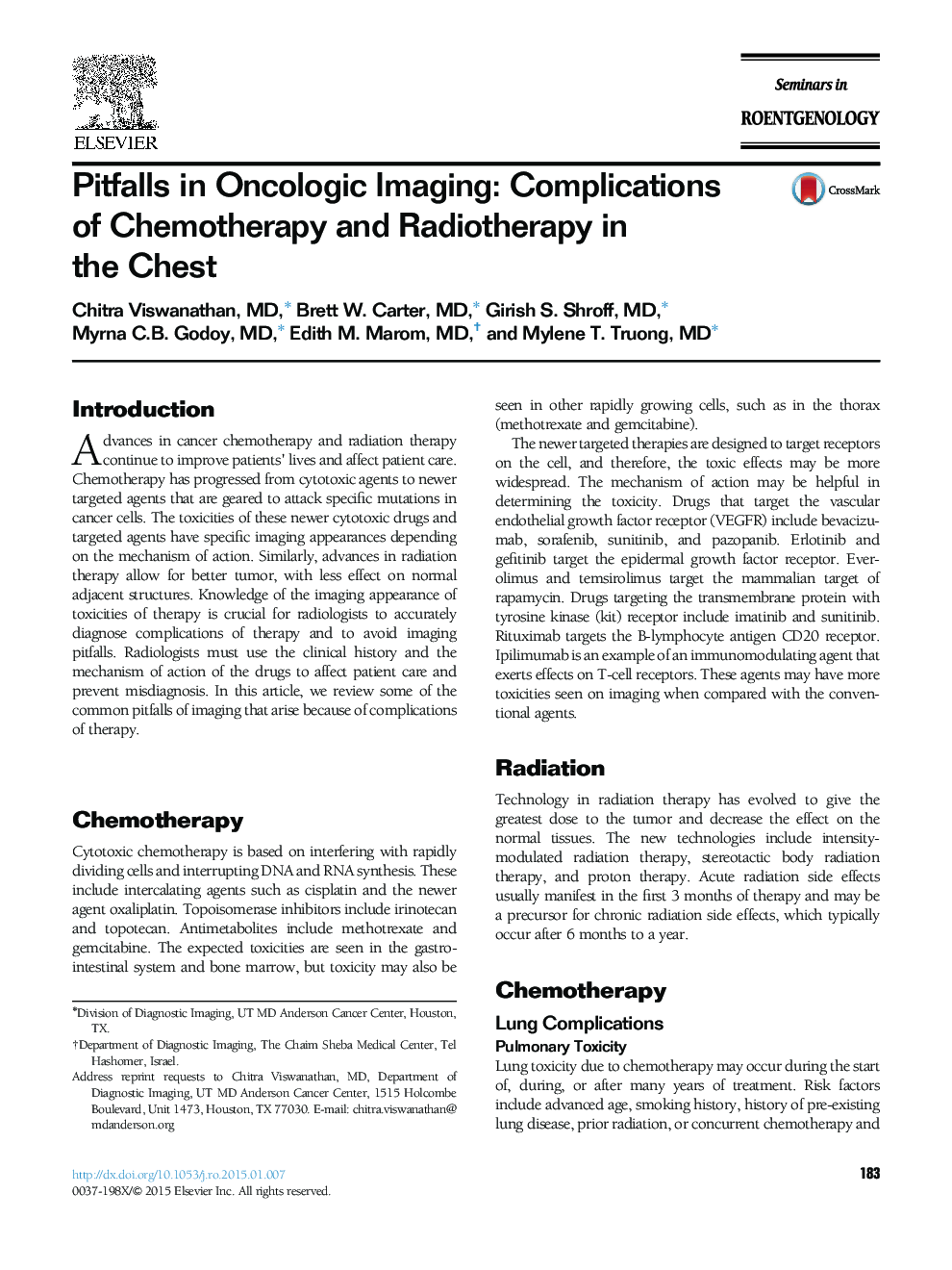 مشکلات در تصویربرداری انکولوژیک: عوارض شیمی درمانی و رادیوتراپی در قفسه سینه 