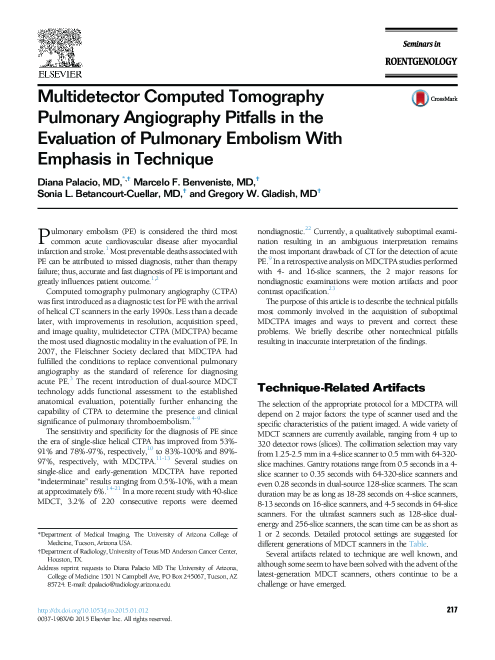 Multidetector Computed Tomography Pulmonary Angiography Pitfalls in the Evaluation of Pulmonary Embolism With Emphasis in Technique