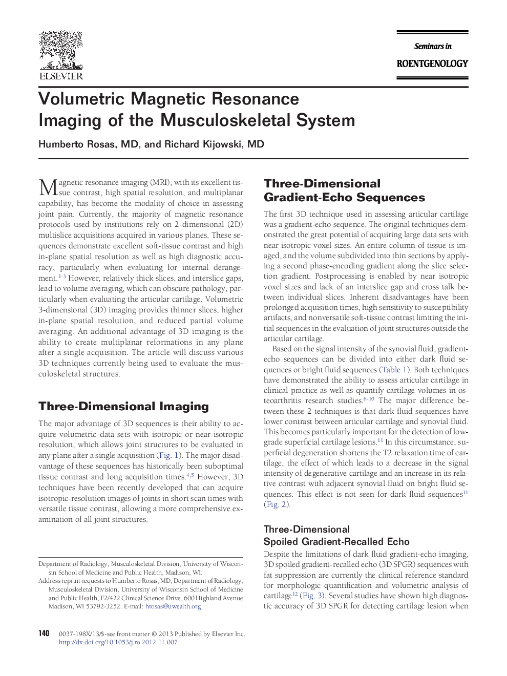 Volumetric Magnetic Resonance Imaging of the Musculoskeletal System