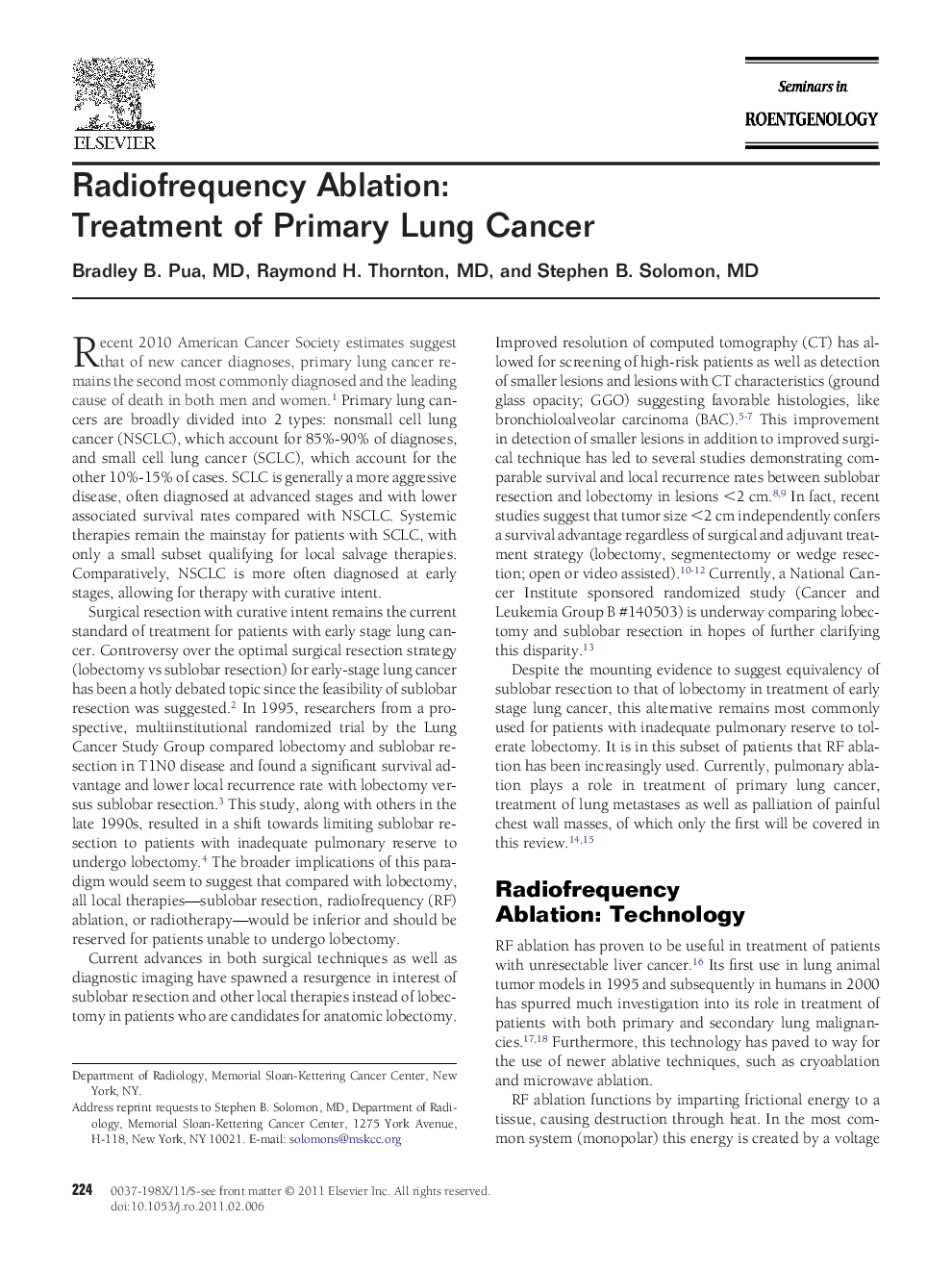 Radiofrequency Ablation: Treatment of Primary Lung Cancer