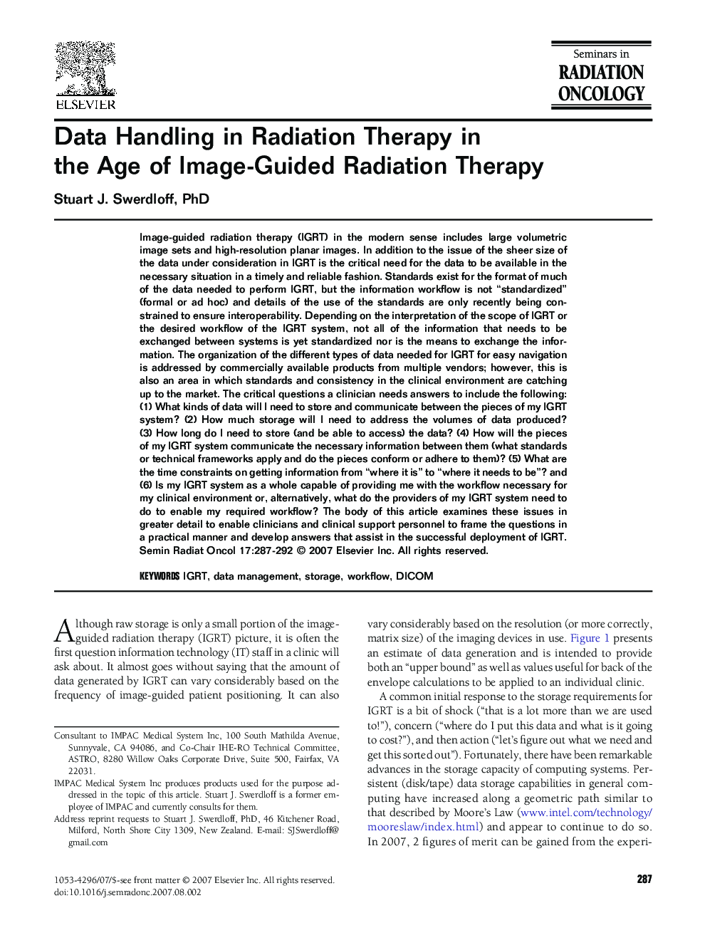 Data Handling in Radiation Therapy in the Age of Image-Guided Radiation Therapy 