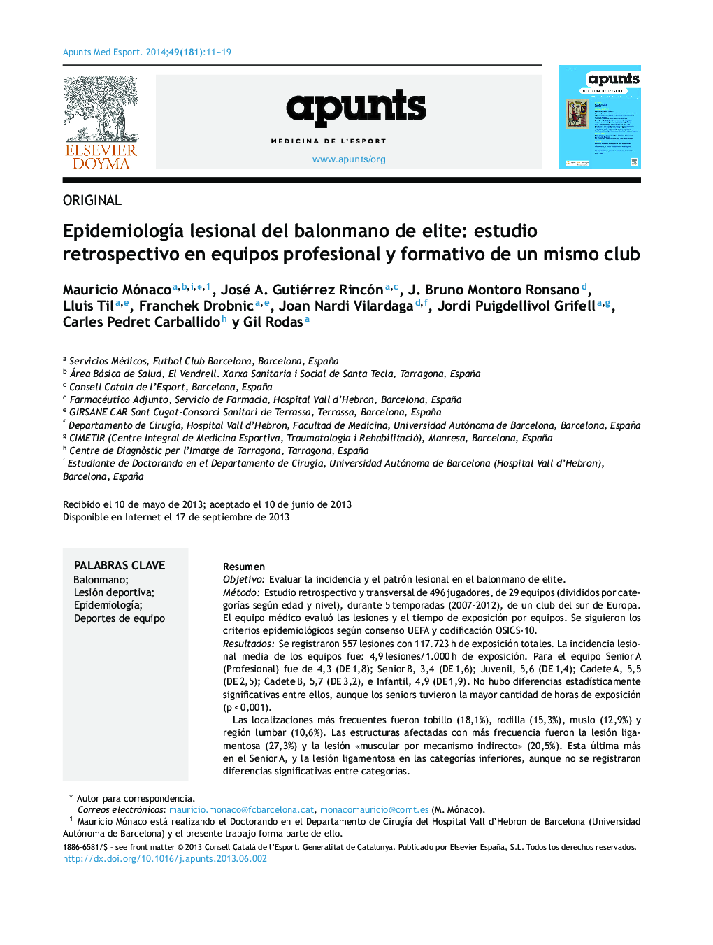 Epidemiología lesional del balonmano de elite: estudio retrospectivo en equipos profesional y formativo de un mismo club