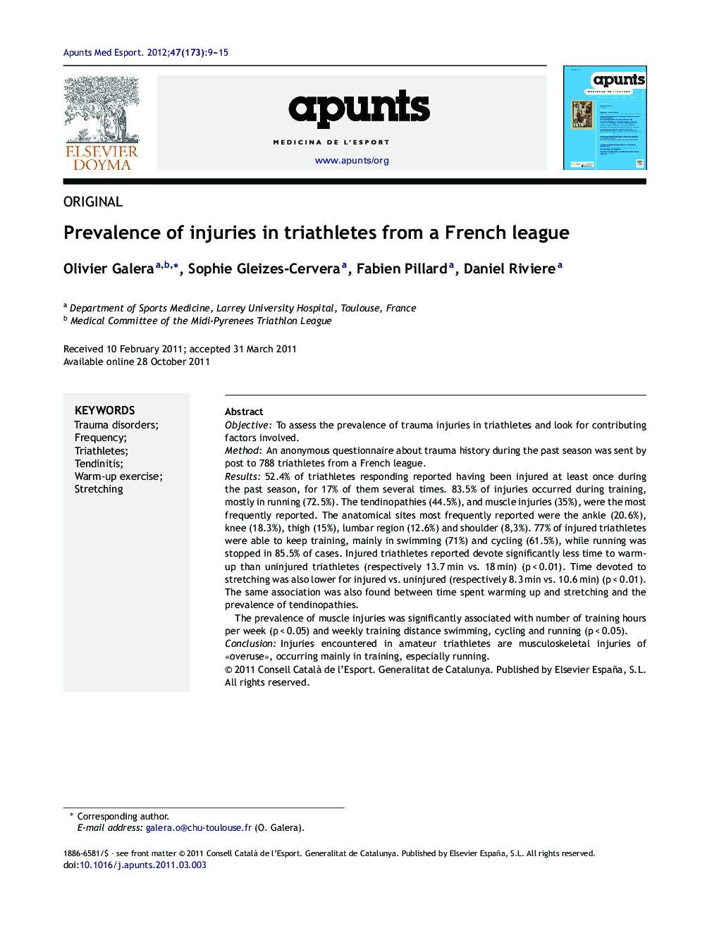 Prevalence of injuries in triathletes from a French league