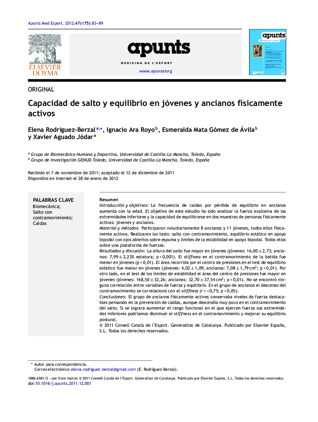 Capacidad de salto y equilibrio en jóvenes y ancianos fÃ­sicamente activos