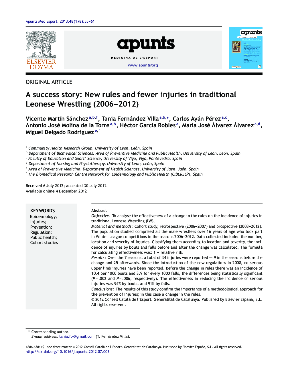 A success story: New rules and fewer injuries in traditional Leonese Wrestling (2006–2012)