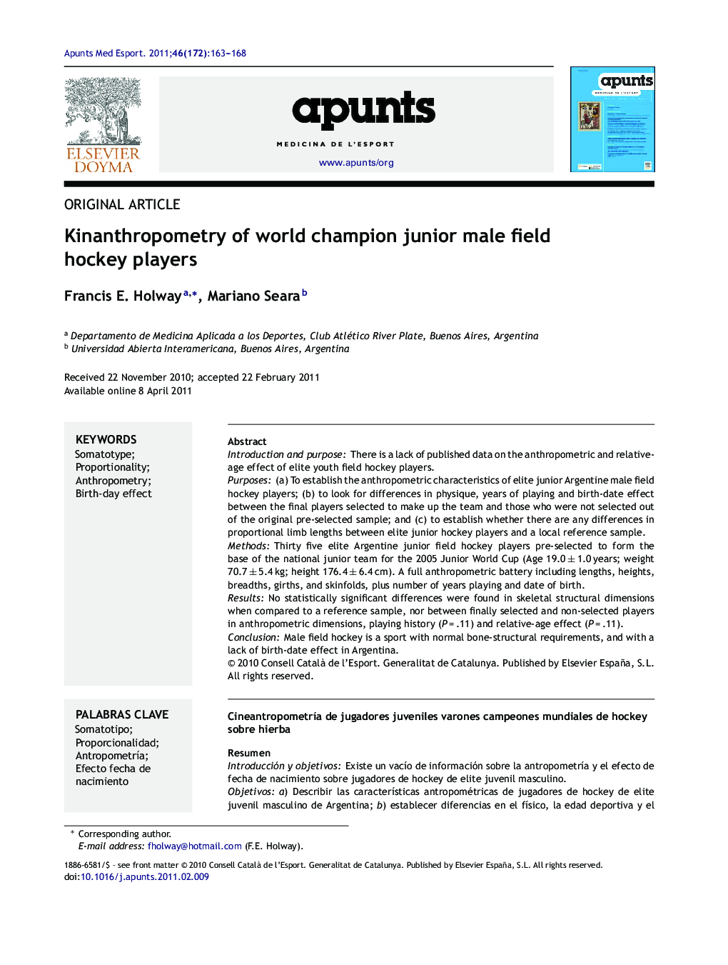 Kinanthropometry of world champion junior male field hockey players