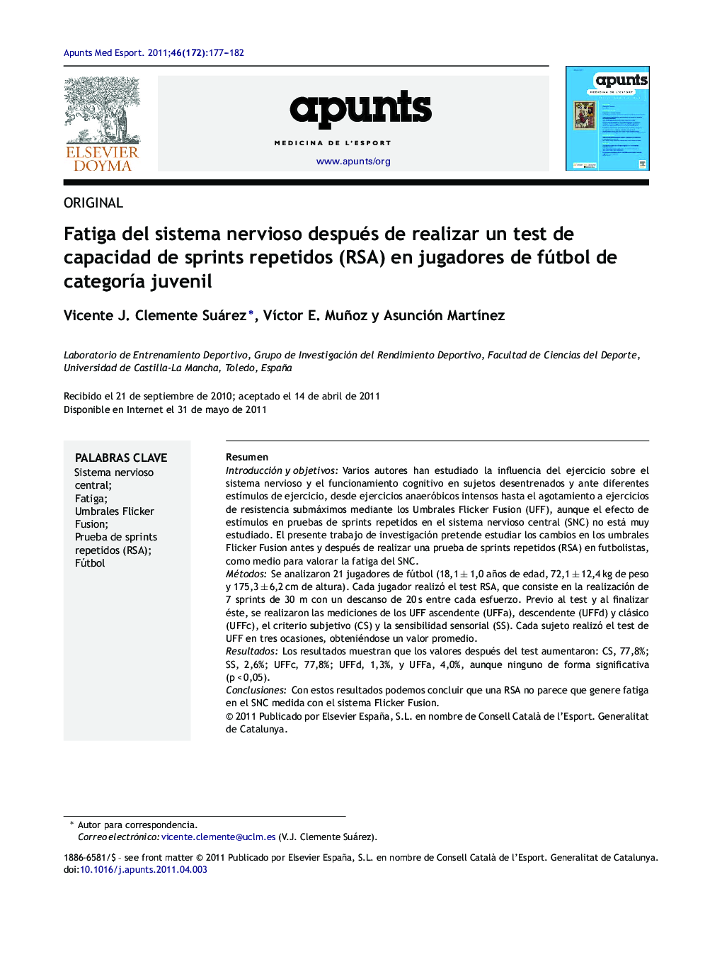 Fatiga del sistema nervioso después de realizar un test de capacidad de sprints repetidos (RSA) en jugadores de fútbol de categoría juvenil