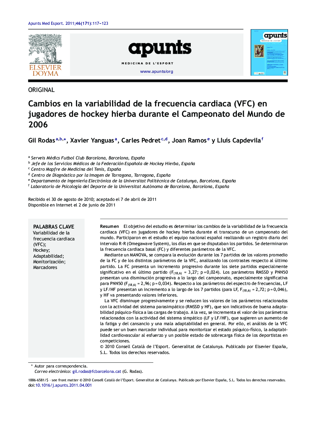 Cambios en la variabilidad de la frecuencia cardiaca (VFC) en jugadores de hockey hierba durante el Campeonato del Mundo de 2006