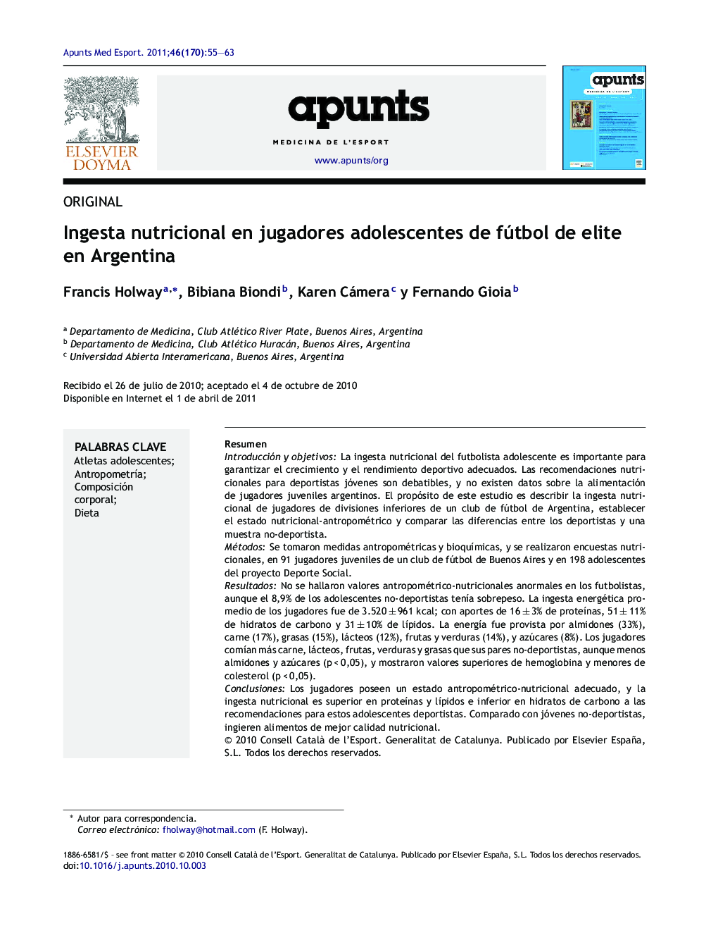 Ingesta nutricional en jugadores adolescentes de fútbol de elite en Argentina