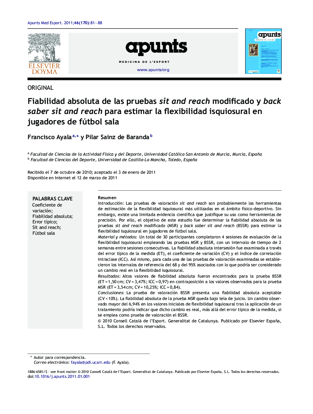 Fiabilidad absoluta de las pruebas sit and reach modificado y back saber sit and reach para estimar la flexibilidad isquiosural en jugadores de fútbol sala