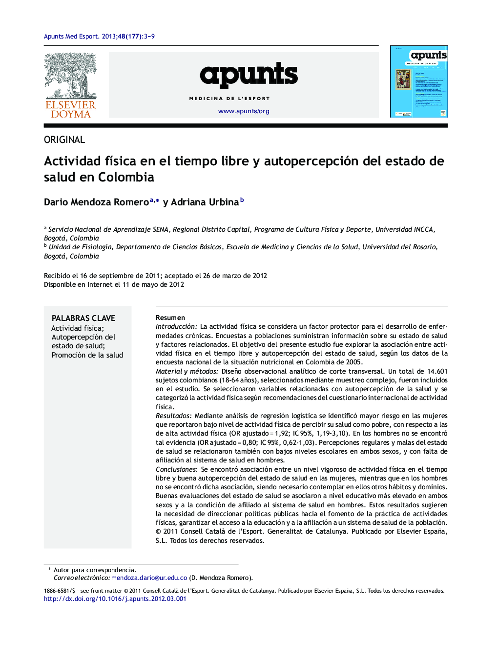 Actividad física en el tiempo libre y autopercepción del estado de salud en Colombia