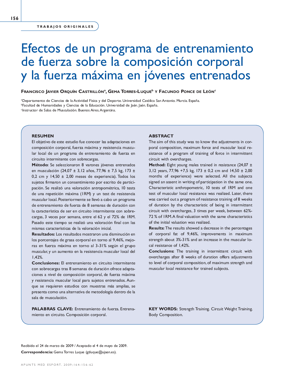 Efectos de un programa de entrenamiento de fuerza sobre la composición corporal y la fuerza máxima en jóvenes entrenados