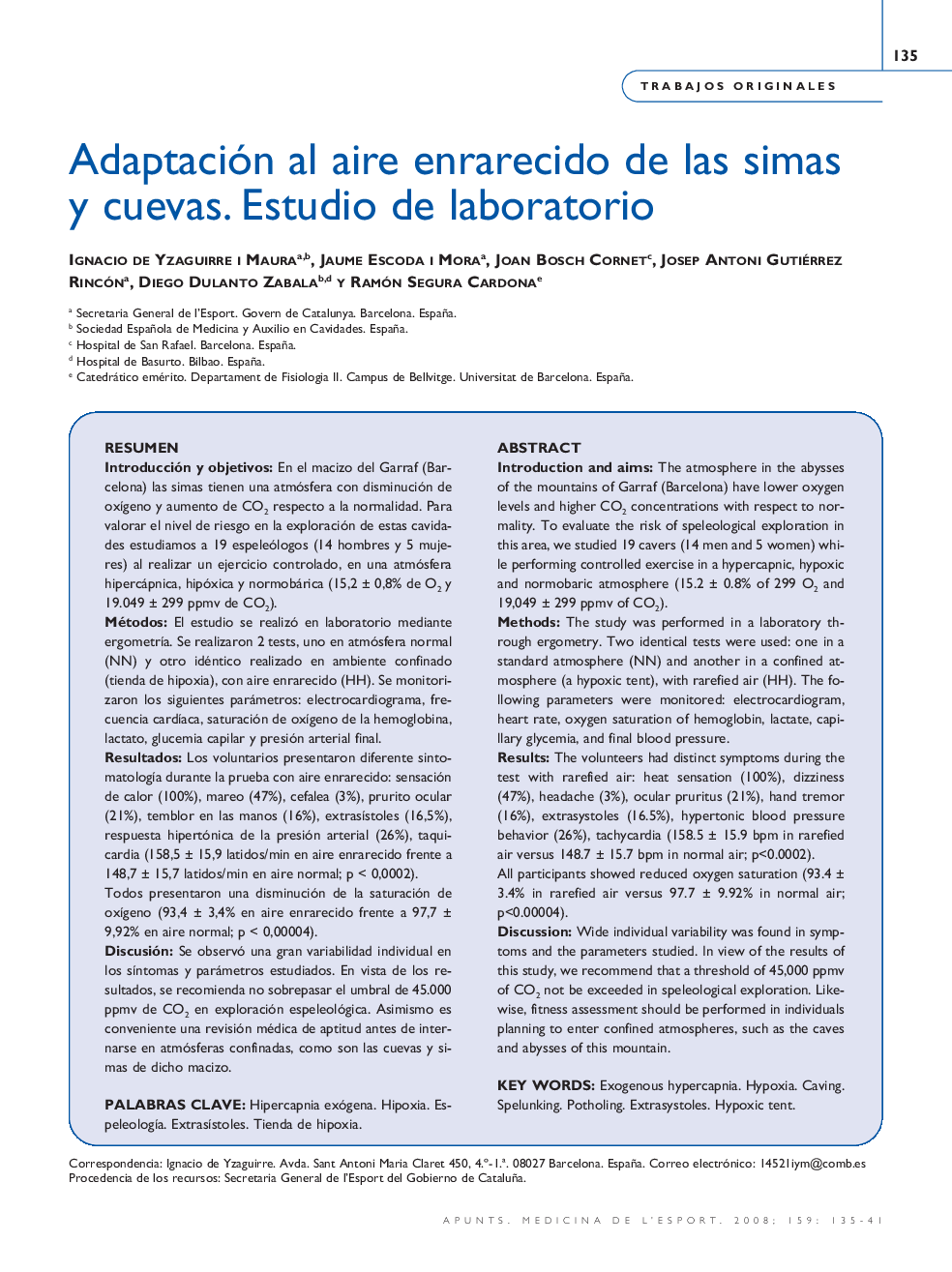 Adaptación al aire enrarecido de las simas y cuevas. Estudio de laboratorio 