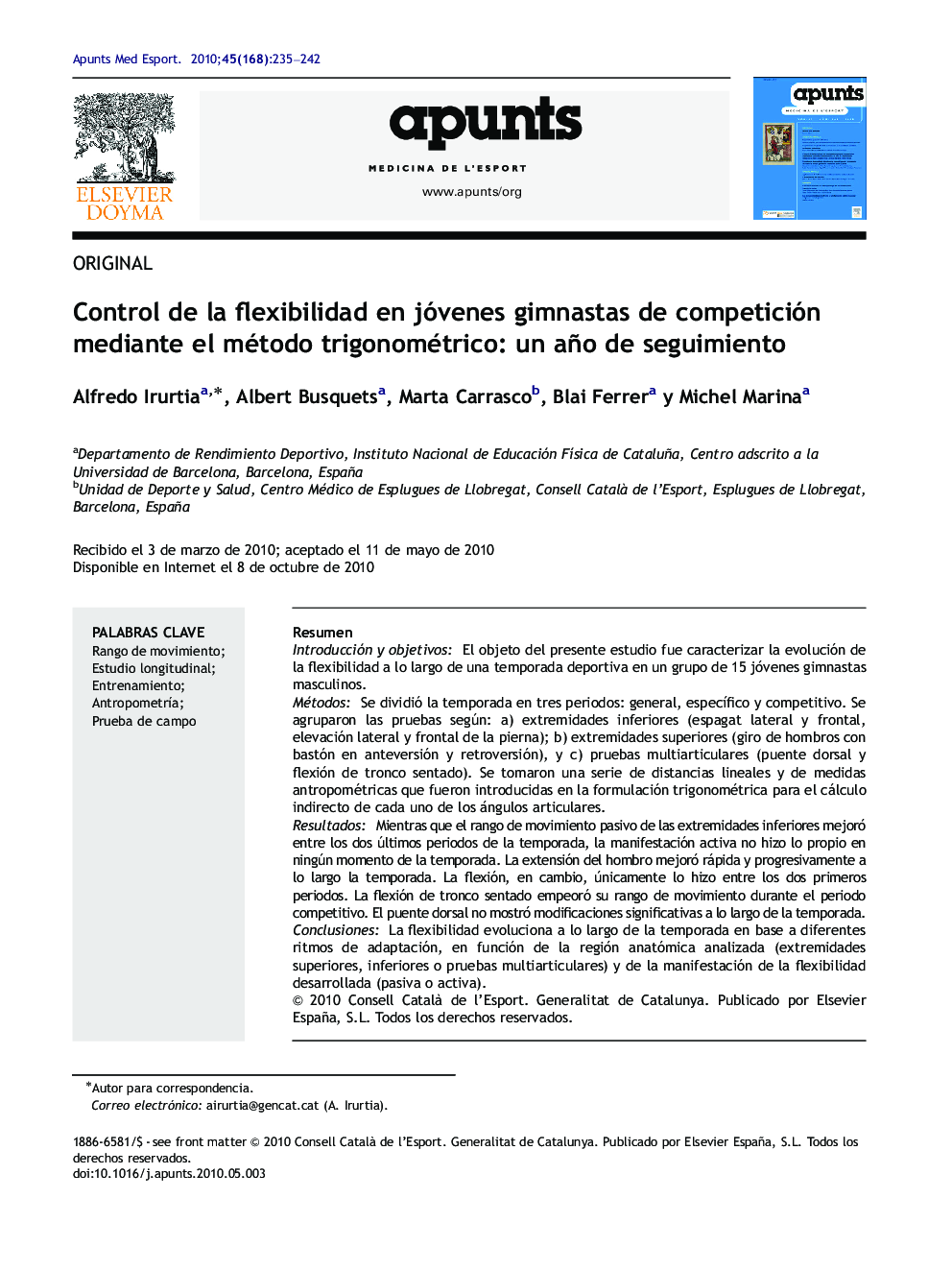 Control de la flexibilidad en jóvenes gimnastas de competición mediante el método trigonométrico: un año de seguimiento