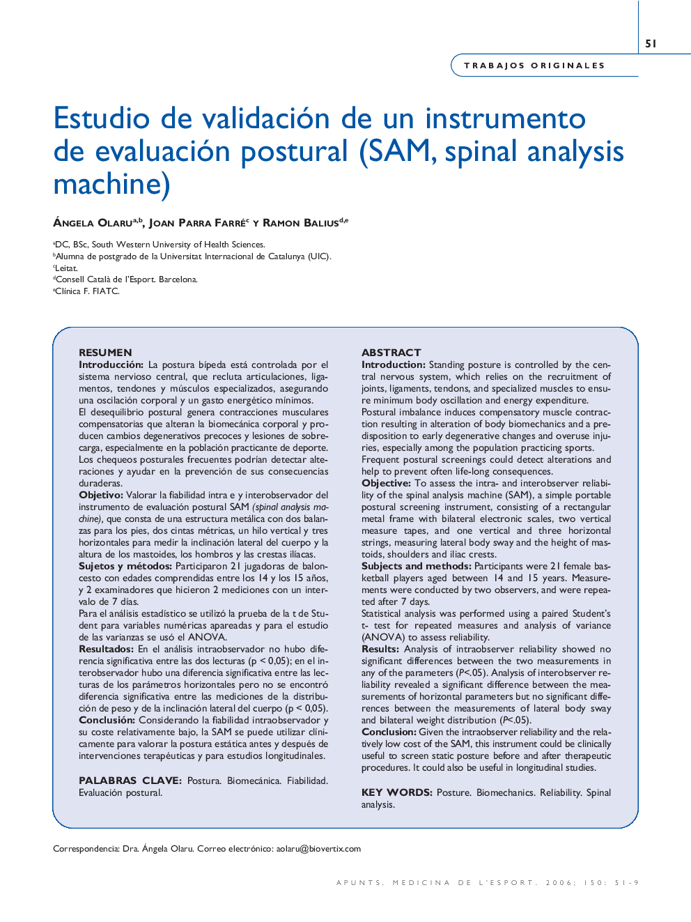 Estudio de validación de un instrumento de evaluación postural (SAM, spinal analysis machine)