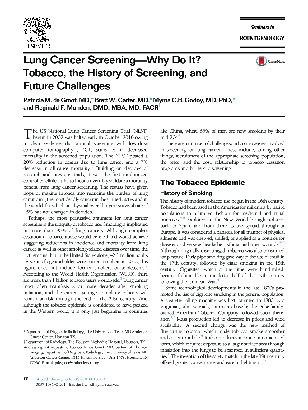Lung Cancer Screening-Why Do It? Tobacco, the History of Screening, and Future Challenges