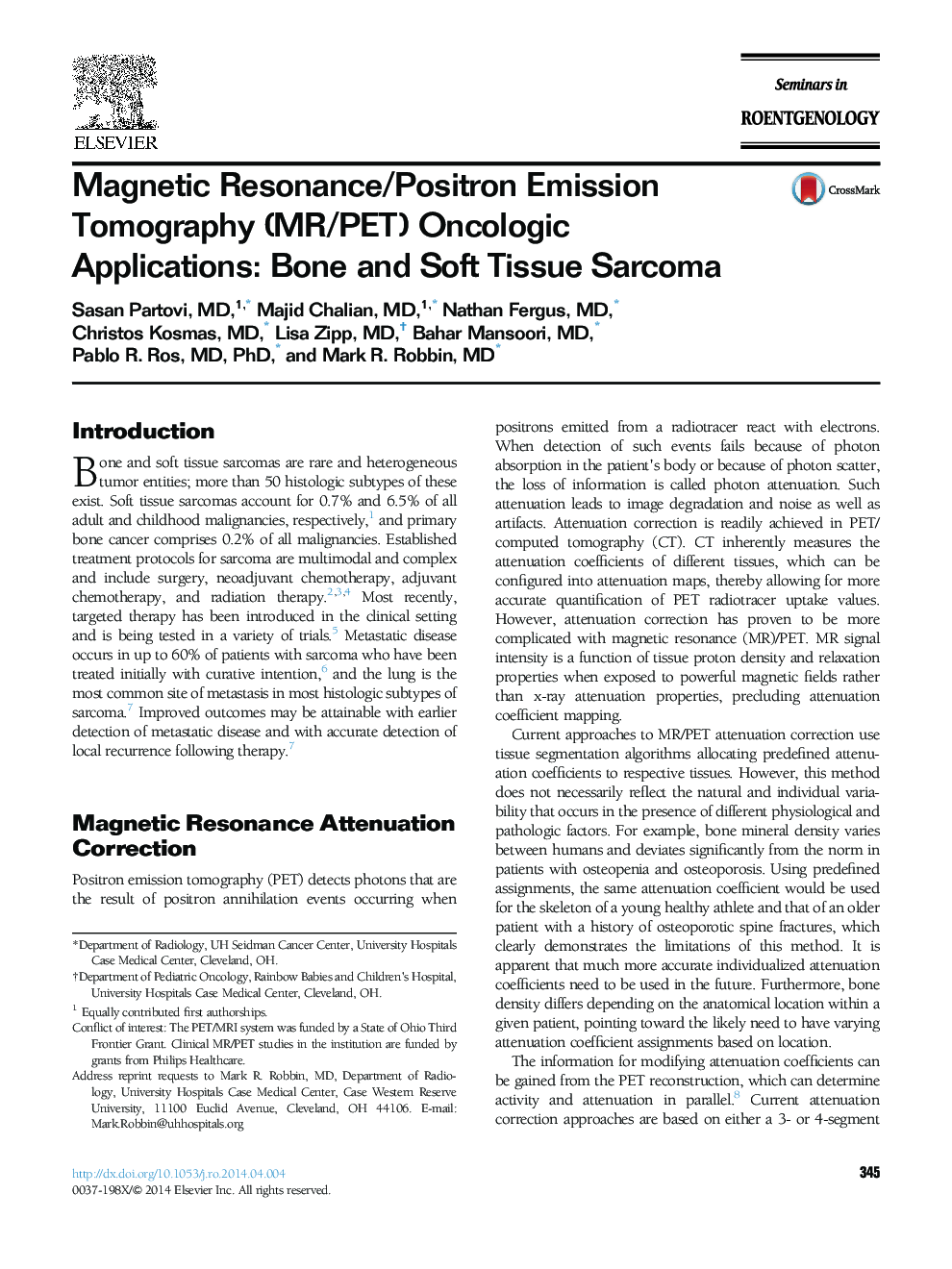 Magnetic Resonance/Positron Emission Tomography (MR/PET) Oncologic Applications: Bone and Soft Tissue Sarcoma