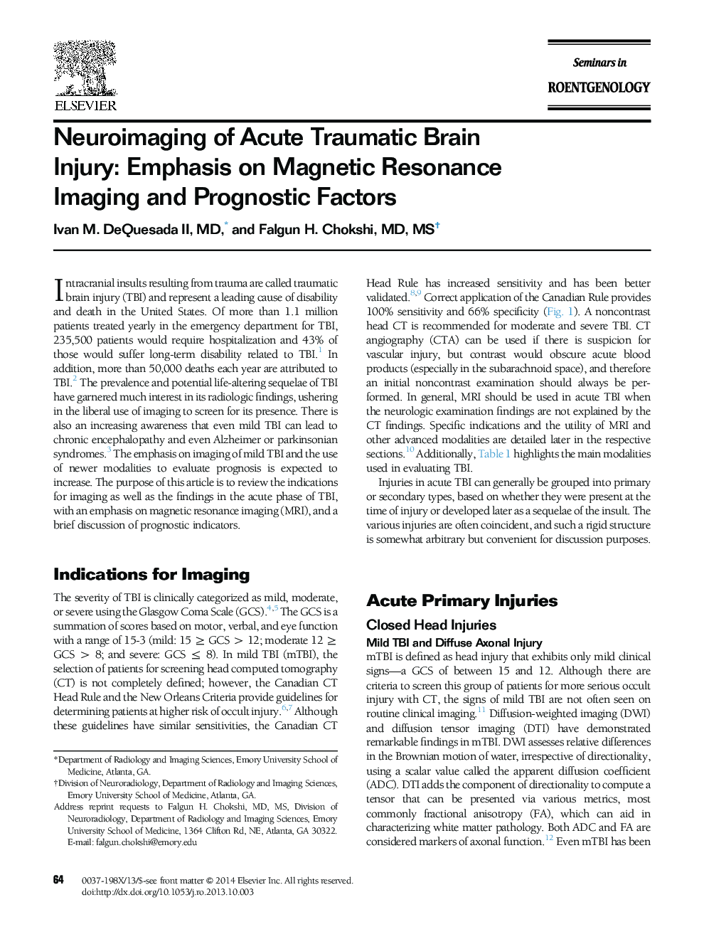 Neuroimaging of Acute Traumatic Brain Injury: Emphasis on Magnetic Resonance Imaging and Prognostic Factors