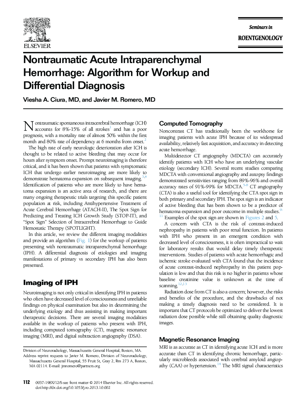 Nontraumatic Acute Intraparenchymal Hemorrhage: Algorithm for Workup and Differential Diagnosis