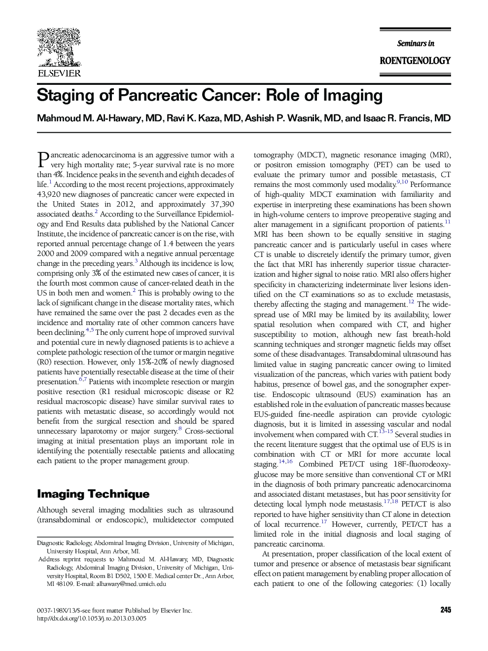Staging of Pancreatic Cancer: Role of Imaging