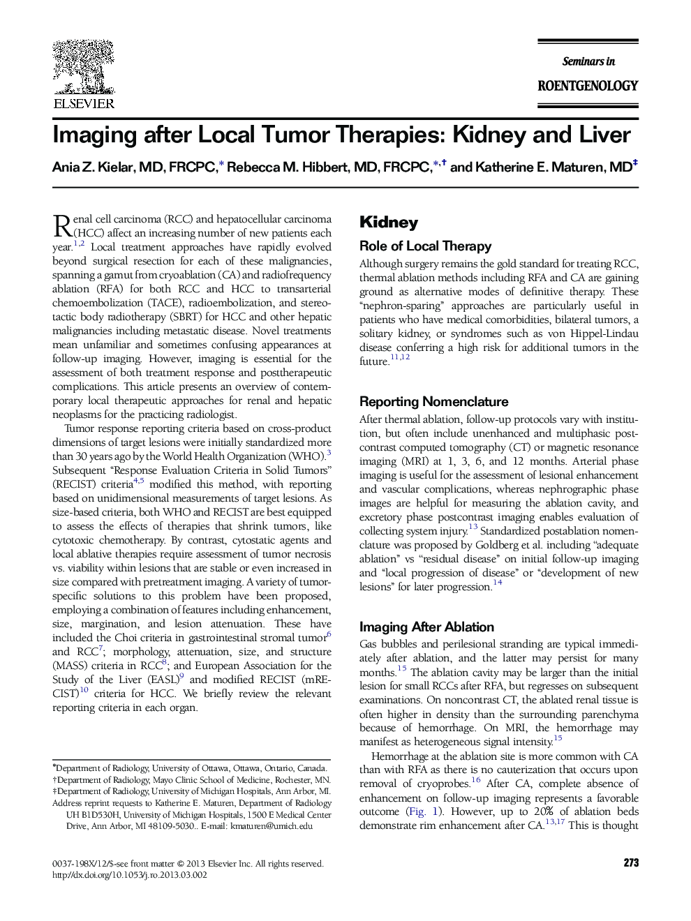 Imaging after Local Tumor Therapies: Kidney and Liver