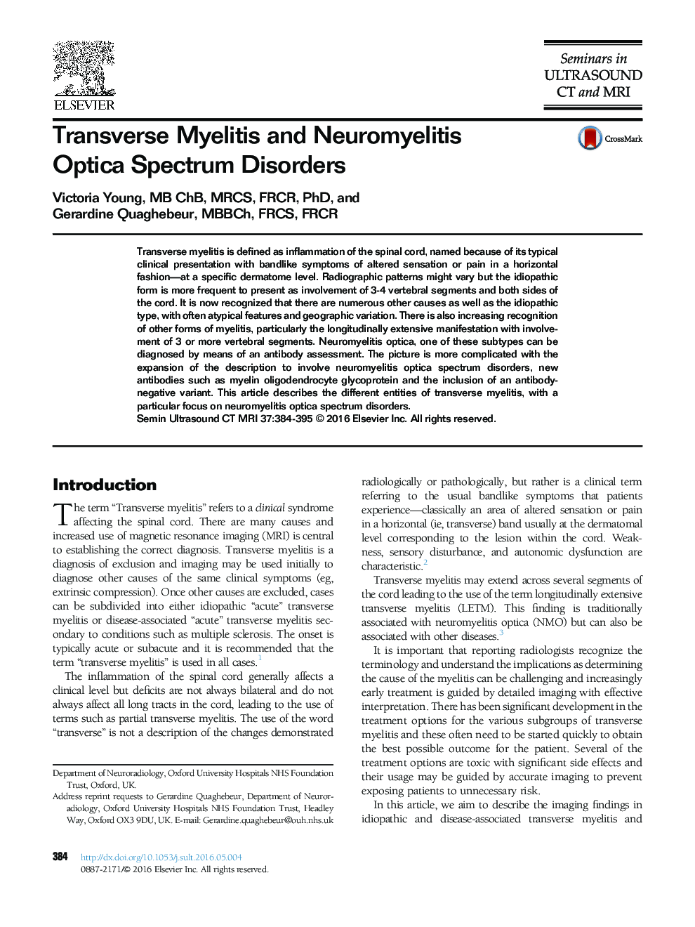 Transverse Myelitis and Neuromyelitis Optica Spectrum Disorders