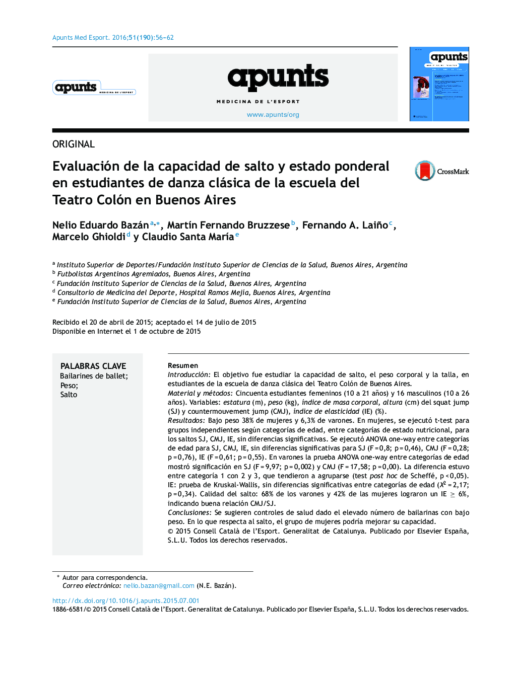 Evaluación de la capacidad de salto y estado ponderal en estudiantes de danza clásica de la escuela del Teatro Colón en Buenos Aires