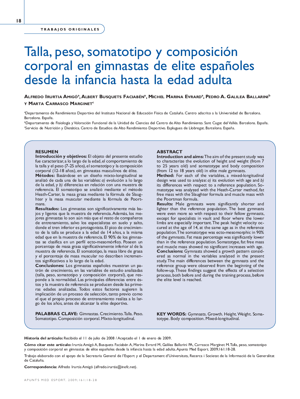 Talla, peso, somatotipo y composición corporal en gimnastas de elite españoles desde la infancia hasta la edad adulta 