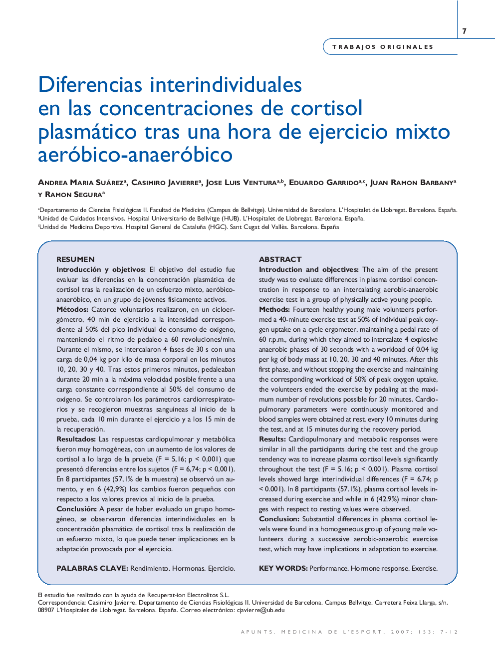 Diferencias interindividuales en las concentraciones de cortisol plasmático tras una hora de ejercicio mixto aeróbico-anaeróbico