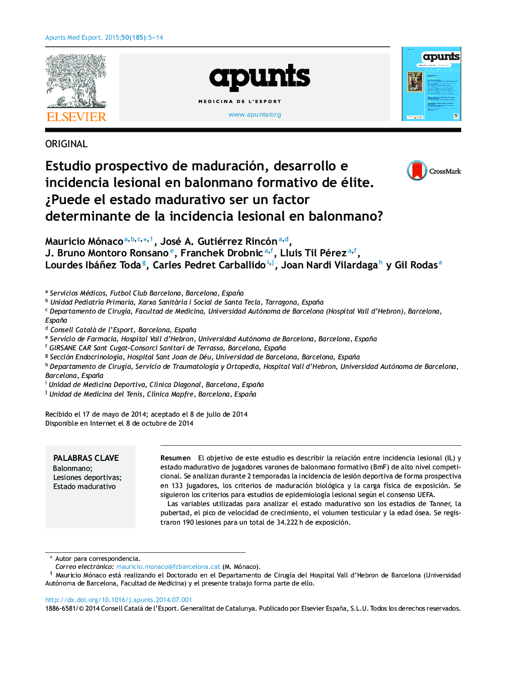 Estudio prospectivo de maduración, desarrollo e incidencia lesional en balonmano formativo de élite. ¿Puede el estado madurativo ser un factor determinante de la incidencia lesional en balonmano?