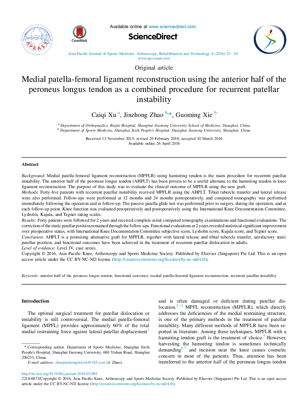 بازسازی رباط مچ پا _ فمورال با استفاده از نیمه قدام تاندون طولانی مدت به عنوان یک روش ترکیبی برای بی ثباتی مکرر پاتلا