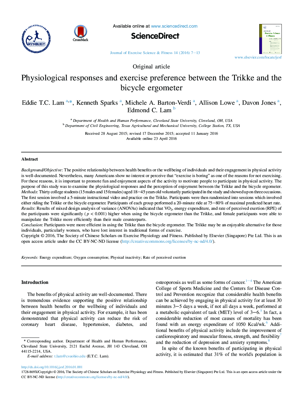 Physiological responses and exercise preference between the Trikke and the bicycle ergometer