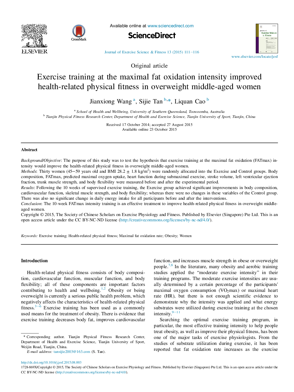 Exercise training at the maximal fat oxidation intensity improved health-related physical fitness in overweight middle-aged women