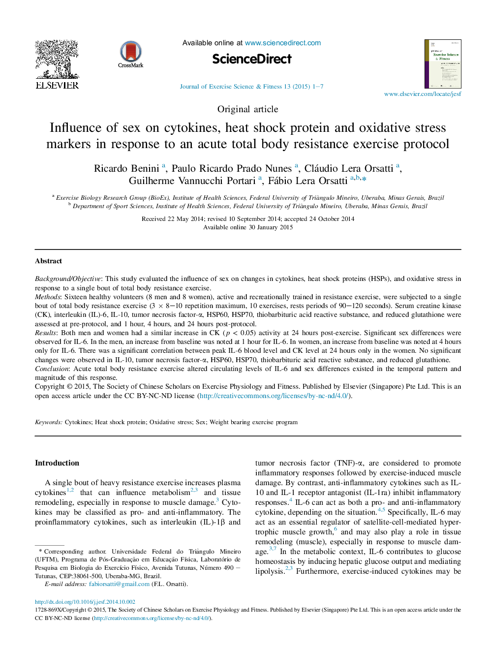 Influence of sex on cytokines, heat shock protein and oxidative stress markers in response to an acute total body resistance exercise protocol