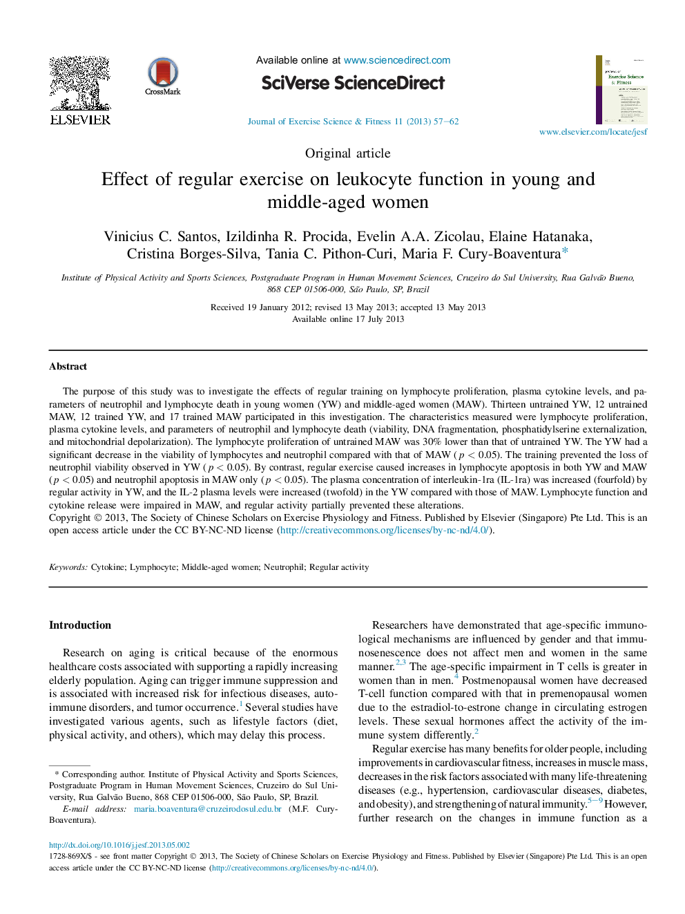 Effect of regular exercise on leukocyte function in young and middle-aged women