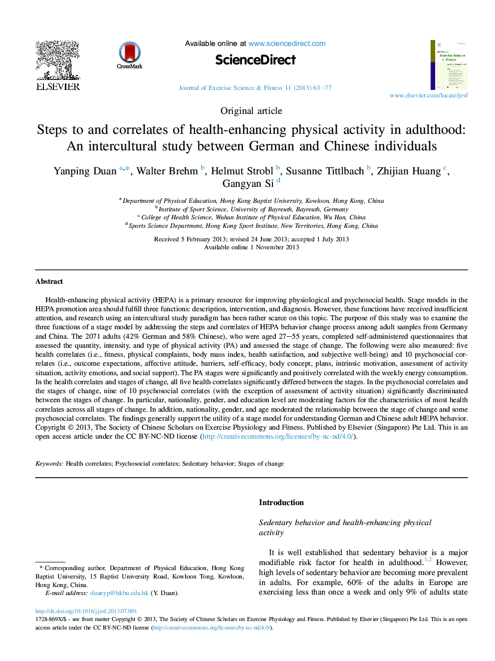 Steps to and correlates of health-enhancing physical activity in adulthood: An intercultural study between German and Chinese individuals