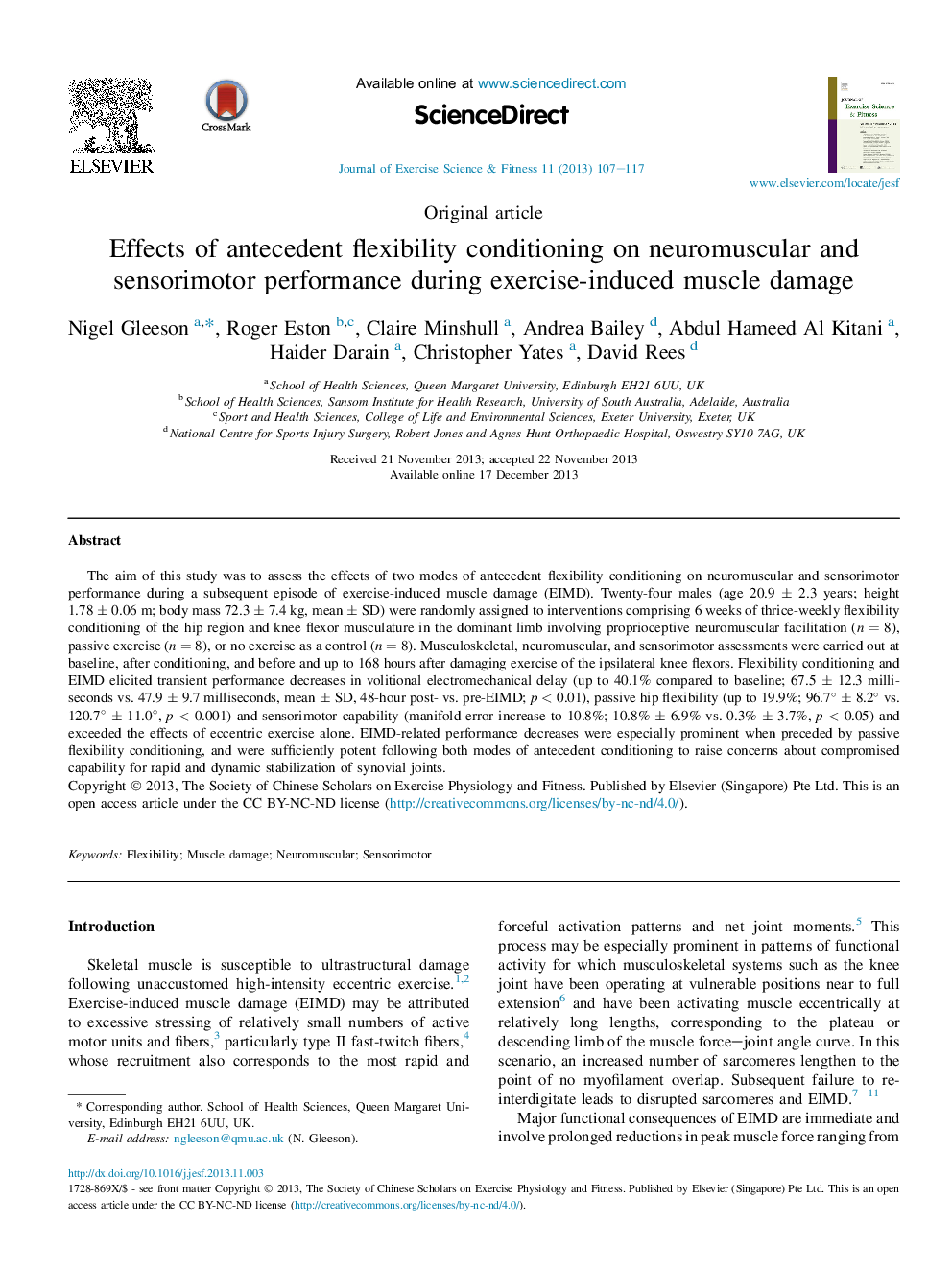 Effects of antecedent flexibility conditioning on neuromuscular and sensorimotor performance during exercise-induced muscle damage